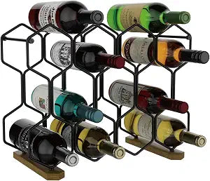 Buruis Countertop Wine Rack, 14-Bottle Wine Holder with Wood Base, Black