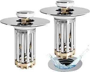 Anlige Bathroom Sink Drain Strainer, 2PCS 3 in 1 Pop Up Bathroom Sink Stopper with Removable Brass Basket Hair Catcher, Universal Sink Plug for 1.06 to 1.6in Drain Hole, Chrome Silver