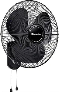 COMFORT ZONE 16" Oscillating Wall Mount Fan with Pull Chain - Black
