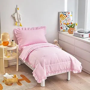 4 Pieces Pink Toddler Bedding Set with Ruffle Fringe, Solid Color Toddler Bed Set - 1 Toddler Comforter + 1 Fitted Sheet +1 Flat Sheet +1 Pillowcase for Baby Boys and Girls