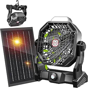 JINLICTE Solar Fan with LED Lantern, Camping Fan with 7W Solar Panel, Rechargeable Solar Powered for Outside, Quiet Battery Operated Tent for Picnic, Barbecue, Fishing, Travel