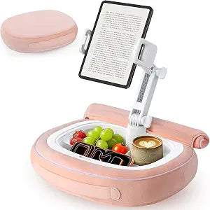 Tablet Pillow Holder with Snack Bowl, Adjustable Lap Laptop Stand, Soft Plush Bed Pillow, 360 Rotating Detachable Support Arm, Compatible with 4.7-16.1", Phone, Tablet, Pink