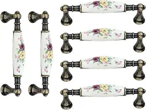 6pcs Floral Ceramic Cabinet Pulls, 3.78" Holes Center to Center