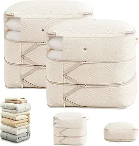 Comforter Storage Bag, Large Capacity Blanket Storage Bags 3-Layer Ultra Space Saving Self Compression Organizer, Heavy Duty Space Saver Organizer for Bedding, Clothes, Blanket, 2-Pack, Beige