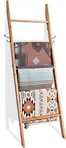 FUIN Blanket Ladder, 58in Rustic Solid Wood with Side Hangers Decor Rack