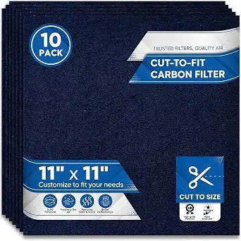 Activated Carbon Air Filter 11"x11" - Cut to Fit (10-Pack), Anti-Odor Charcoal Filter Sheets for Air Purifier, Vent Hoods, Vacuum Cleaners, Aquariums, Kitchen, and Home Use - 1/8" Thick
