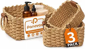 Small Wicker Baskets, 3 PCS Paper Rope Baskets for Shelves, Brown