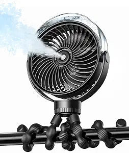 SWEETFULL Misting Stroller Fan Portable Baby Fan with Spray Cooling, 4 Speeds, Quiet Rechargeable Fans for Travel, Outdoor, Golf Cart, Car Seat, Beach (Black)