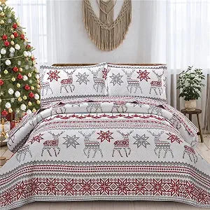CHESITY King Christmas Bedding Christmas Deer Bedding Sets Reindeer Quilt Holiday Christmas Bedspread Blanket Coverlet Comforter Set for Winter Snowflakes Lantern Pattern (96"x108")