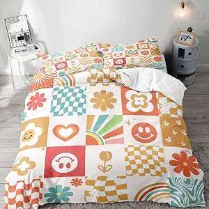 LUVIVIHOME 3PCS Retro Groovy Floral Duvet Cover Full Bedding Set Teen Girls Bedding Funky 70s Boho Aesthetic Cute Smiley Face Rainbow Swirl Flower Teal Orange Checkered Comforter Cover 2 Pillow Cases