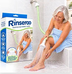 Rinseroo: Seated Bathing Hose. Slip-On Handheld Shower Attachment w/Spray Head. Converts Fixed Shower Head into Handheld Bather. Portable, No-Install Shower Hose Wand for Seniors, RV. Gravity fed