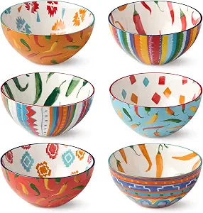 Caliente 10-Ounce All Purpose Bowls, Set of 6, 4.75-Inch, Vibrant Chili Pepper & Southwestern Designs, Durable & Stylish for Snacks, Soups, Desserts, and Festive Dining