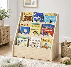 Scalloped Kids Book Shelf, Montessori 3-Tier Wooden Toddler Bookshelf for Ages 15, Nursery & Kids Room Bookshelf, Safe & Sturdy Playroom Book Shelf, Natural Wood