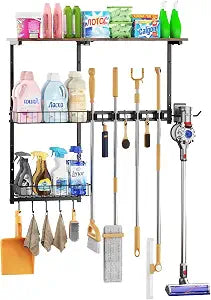 Broom Holder Wall MountWith A Storage Basket Cleaning Tool Storage Rack