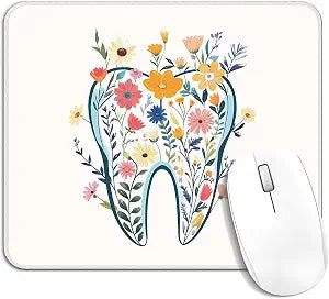 Dentist Gifts Mouse Pad, Dental Hygienist Assistant Gifts, Floral Tooth Square Mousepad Mouse Mat with Anti-Slip Rubber Base for Computer Laptop Hospital Clinic Office Desk, 9.5x7.9 in