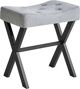 IBUYKE U-Shaped Linen Vanity Stool, X-Leg Makeup Chair, Blue Gray WBD018L