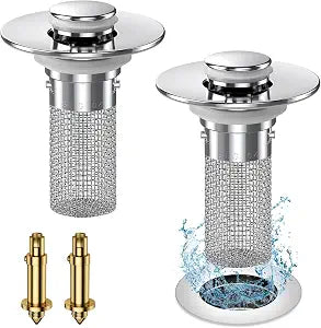 Vakabiu 2024 New Pop Up Bathroom Sink Drain Strainer Hair Catcher, Sink Drain Stopper with Removable Stainless Steel Filter Basket,for US Bathroom Sink Stopper Replacement (2PCS)