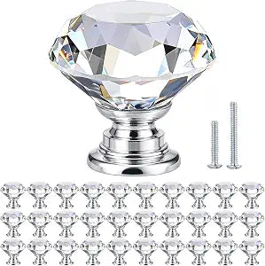 POZEAN Crystal Cabinet Knobs 30 Pack, 1-3/16 inch Drawer Knobs for Dresser with Two Screws, Diamond Glass Pulls Handles Home Upgrade Spring Renovation (30mm, 30Pack, Clear-Silver)