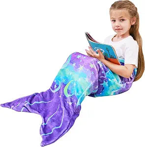 Viviland Mermaid Tail Blanket - Plush Mermaid Wearable Blanket for Girls All Seasons Soft Flannel Snuggle Blanket Scale Sleeping Bag 17"��39" - Purple Stars Moon