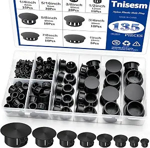 Tnisesm 135Pcs 8 Sizes Nylon Plastic Hole Plugs Black 1/4" 5/16" 3/8" 1/2" 5/8" 3/4" 7/8" 1" Round Drill Hole, Furniture Cabinet Insert End Caps Industrial Hardware Biscuits & Plugs