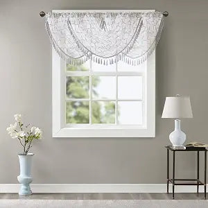 Madison Park Diamond Embroidered Sheer Ascot Valance, 38x46 White/Grey
