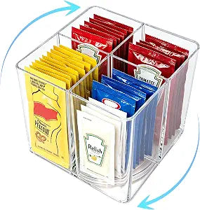 Sauce Packet Organizer with 360 Turntable, Clear Plastic Condiment Packet Holder with Dividers,Organizer and Storage for Ketchup Packets,Mayo Packets,Hot Sauce,Seasoning,Drink Packet,Square