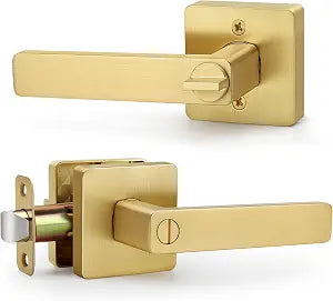 Square Keyless Privacy Door Lever, Brushed Gold Door Handles, Heavy Duty Gold Door Lever with Privacy Lock Reversible Door Handle for Right/Left Handed Bedroom Bathroom Doors