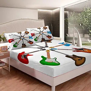 Feelyou Guitar Bed Sheet Set Rock Music Themed Sheets for Kids Boys Girls Electric Guitar Printed Bedding Set Musical Instruments Fitted Sheet Bedroom Collection 2Pcs Twin Size