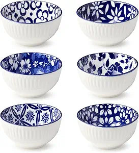 Madison Set of 6 All Purpose Bowls 4.75 Inches - 15 oz, Ribbed Exterior, and Stunning Blue and White Designs - Great for snacks, dips, ice cream, side dishes, or even small portions of soup or salads