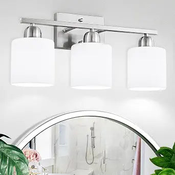 Brushed Nickel Bathroom Light Fixture, Anti-Rust Finish 3 Light Vanity Lights for Bathroom, Bath Lights with Milky White Frosted Glass Shades, E26 Socket