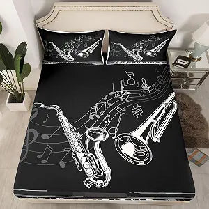 Saxophone Fitted Sheet Trombone Piano Keys Bedding Set Jazz Music Theme Bed Sheet Set for Children Kids Boys Girls Musical Instruments Microfiber Bed Cover Room Decor Full Size