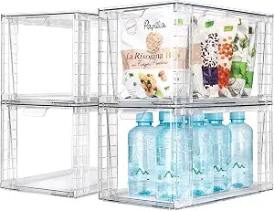 4Pack Large Stackable Kitchen Storage Drawers, Clear Foods Organizer Bins with Handles, Easily Assemble for Bathroom, Kitchen, Pantry, Cabinet, Closet(XL-UP Handle)