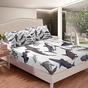 Feelyou Ocean Shark Bed Sheets Gray White Shark Bed Sheet Set for Kids Boys Girls Sea Creature Sealife Bedding Set Animal Printed Fitted Sheet Bedroom Collection 2Pcs Twin Size
