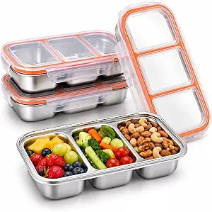 Stainless Steel Snack Containers with Lids, 3 Compartment Leakproof Bento Snack Box, Food Storage Containers for Kids & Adults, Meal Prep, BPA Free, Dishwasher Safe, 10.5 x 4 x 2 in Each