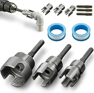 3PCS PVC Pipe Threader Kit, Integrated Internal & External Pipe Threading Tool for 1/2", 3/4" & 1" PVC/Plastic Pipes, PVC Threader for Drill, 4 in 1 Water Pipe Thread Cutting Tool with 2 PTFE Tapes