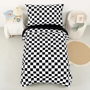 DILIMI Toddler Bedding Set Gingham for Boys Girls, 4 Pieces Toddler Comforter Set Bed-in-a-Bag, Soft Breathable Toddler Bed Set Include Comforter, Fitted Sheet, Flat Sheet, Pillowcase, Black Checkered