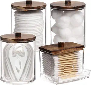 Tbestmax 4 Pack Qtip Holder Bathroom Container, 10/7oz Cotton Ball/Swabs Dispenser, Apothecary Jar with Bamboo Lids for Organizer and Storage (Brown)