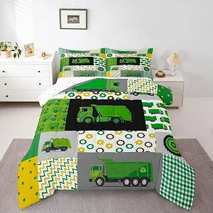 Feelyou Green Garbage Truck Comforter Set - Powered Waste Management Recycling Bedding for Kids Boys Girls - Cartoon Car Duvet Quilt Set Twin Size Room Decor