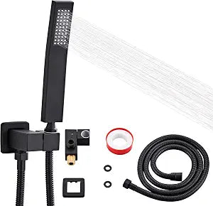 Bathroom Square Matte Black Solid Brass Hand Held Shower Head With Wall Connector and Hose System Wall Mount Handheld Showerheads Set