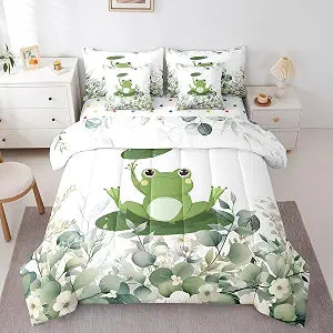 Erosebridal Cartoon Frog Comforter Set Twin Size, 7 Pc Bed in a Bag