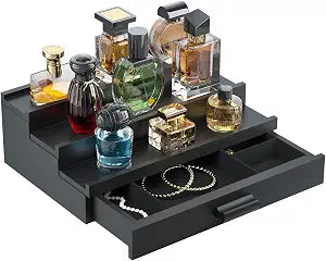 Perfume Cologne Organizer for Men: 3 Tier Wooden Perfumes Stand, Desktop Parfum Holder Wood Display Shelf with Cabinet, Bedroom Dresser Makeup Lotion Jewelry Storage Rack with Drawer