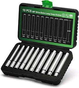 TecoTek 10PCS 3/8-Inch Drive Extra Deep Metric Socket Set, 6 Point, 8mm to 17mm, No Skipped Sizes, 120MM Deep CR-V Socket for Automotive and Industrial Applications