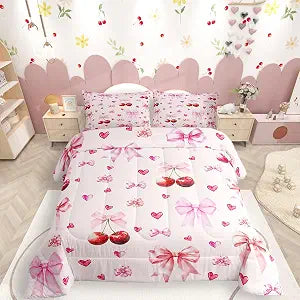 Erosebridal Cherry Bow Bedding Set for Girls Coquette Comforter,Pink Ribbon Bows Bedding Sets for Kawaii Princess Style Full Bed Set Romantic Bowknot Quilt Insert Dreamy Aesthetic Kawaii Room Decor