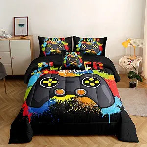 ROWADALO 6 Pieces Gaming Bedding Set for Boys Gamer Comforter Set Full Size,Game Controller Comforter for Boys Kids 6 Pieces Bed in A Bag 3D Gamepad Microfiber Bedding Sets,DJT H5019 Full