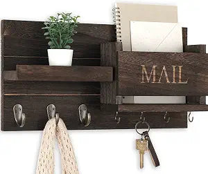 Lwenki Mail Organizer for Wall Mount Key Holder with Shelf Includes Letter Holder and Hooks for Hallway Farmhouse Decor Rustic Wood with Flush Mounting Hardware (16.5 x 9.1 x 3.4) (Brown)