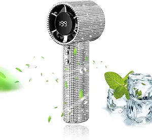 Diamond Portable Fan - Full Diamond Luxury Handheld Turbo Fan, Max 199 Wind Gear, Rechargeable with Digital Display, Up to 6 Hours Battery Life for Outdoor, Travel, Office (Sliver)
