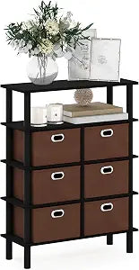 Furinno FRANS Entryway Table, 4-Tier Open Shelf Console Table with Storage Drawer Bins, Open Back Sofa Table, Side Table, Toolless Assembly, for Living Room, Home Office, Entryway, Black Oak