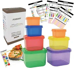 FIXBODY 7PCS Portion Control Containers, Color-Coded Labeled, 21 Day Lose Weight System (Use Guide, 21 Day Tracker and Recipe Ebook Include)