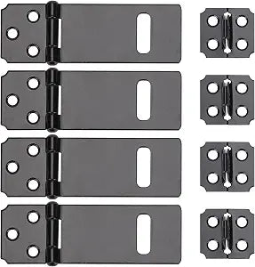 4Inch Lock Hasp Latch, 4 Pack Black Hasp Latch Padlock Hasp Cabinet Latch Hardware Door Slide Latch Safety Packlock Clasp Gate Locks for Wooden Fence, Pet Cage, Cabinet, Window, Garden, Yard