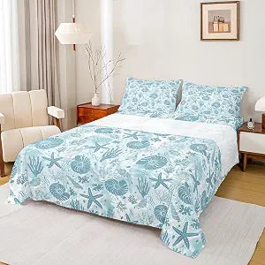 Seashell Conch Starfish Coral Sheet Set Full Size,Coastal Ocean Beach Bedding Set 4Pcs,Underwater Life Print Bed Sheet Navy Blue Tie Dye Fitted + Flat Sheet for Kids Teens Adult Bedroom Decor